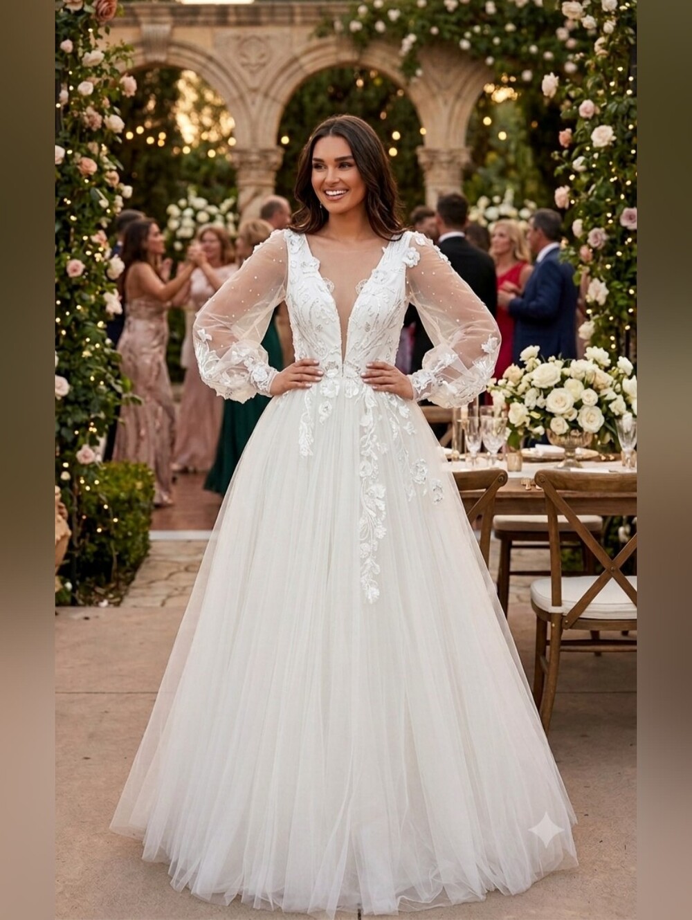 NWT Tarik Ediz Size 10 Ivory Long Sleeve Tulle Wedding Gown with Floral Appliqué